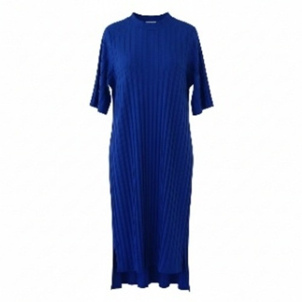 Eileen Fisher Blue Ribbed Tencel Lyocell Short Sleeve Midi Dress Size M
